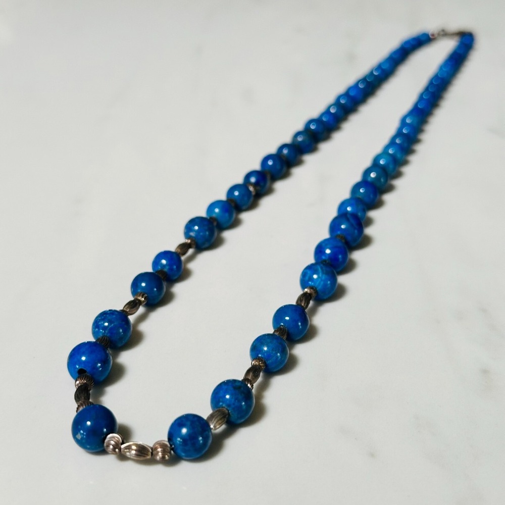 Beaded Necklace Blue Bead Single Strand Acrylic Long Estate Jewelry 12" Closed